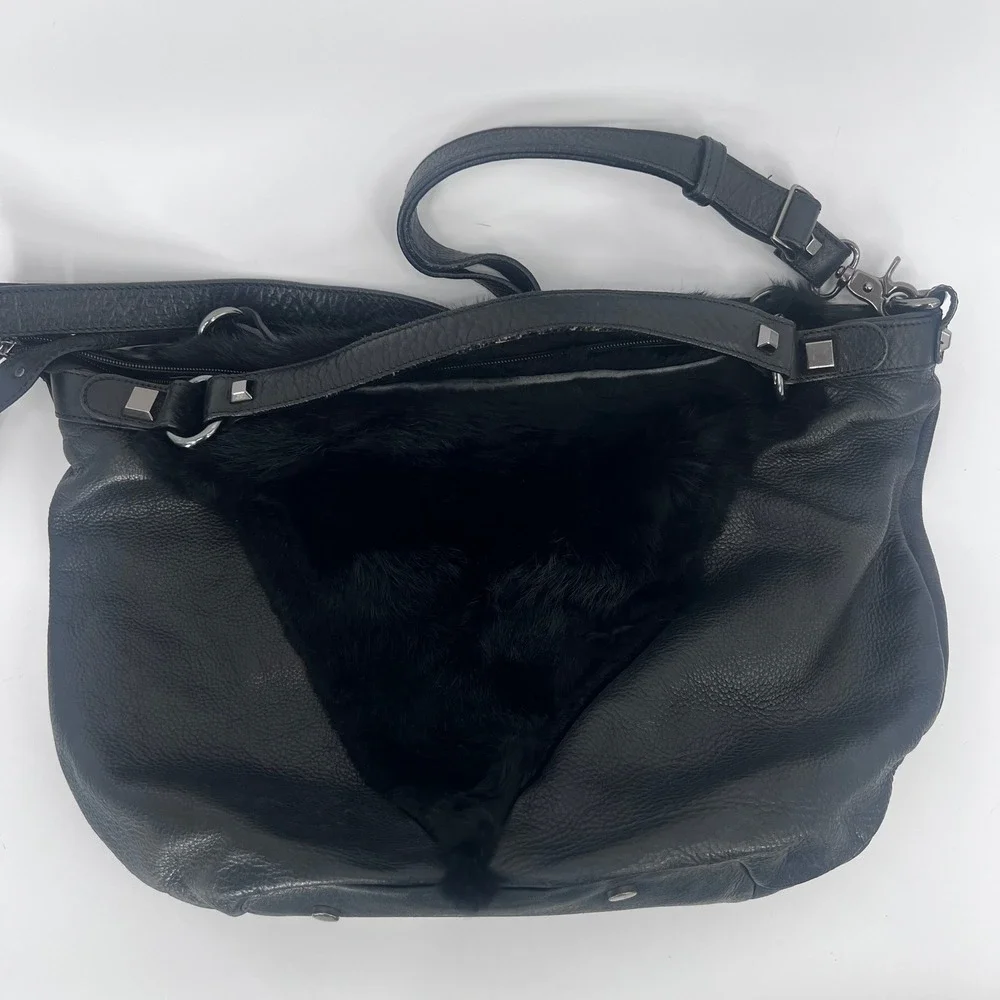 Abro‎ Black Leather & Faux Fur Studded Slouchy Shoulder Bag Dark Edgy Mob Wife
